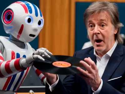 Paul Mccartney junto a robot de IA.