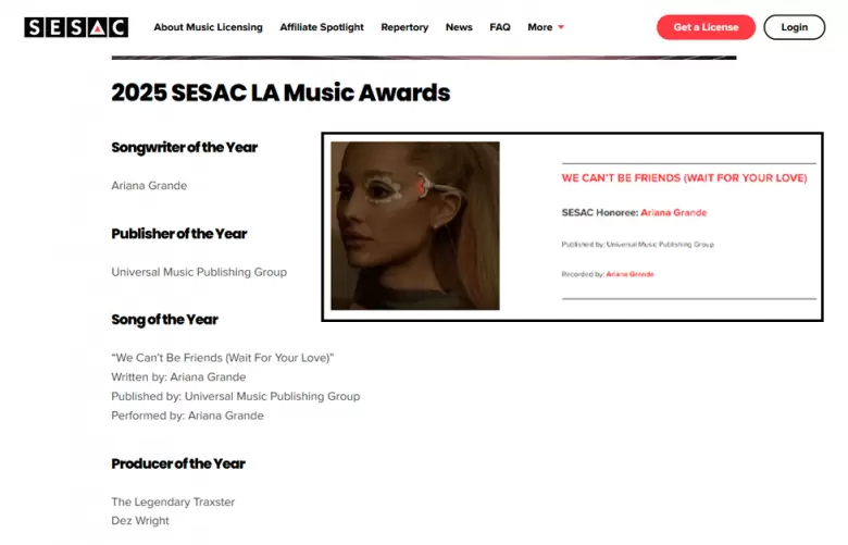 Ariana Grande triunfa en los SESAC L.A. Music Awards 2025. (SESAC)