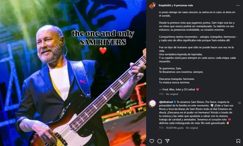 DJ Lethal y sus emotivas palabras por la muerte de Sam Rivers. (Instagram)