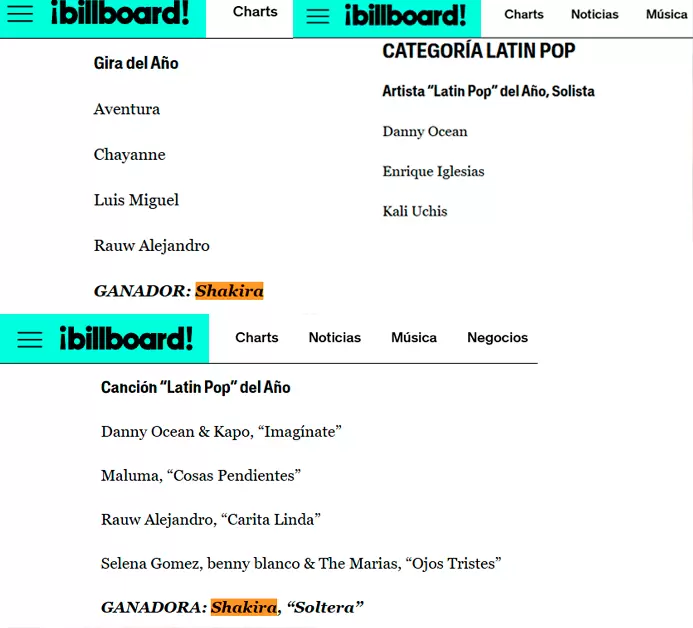 Shakira gana tres premios Billboard de la Msica Latina 2025. (Billboard)