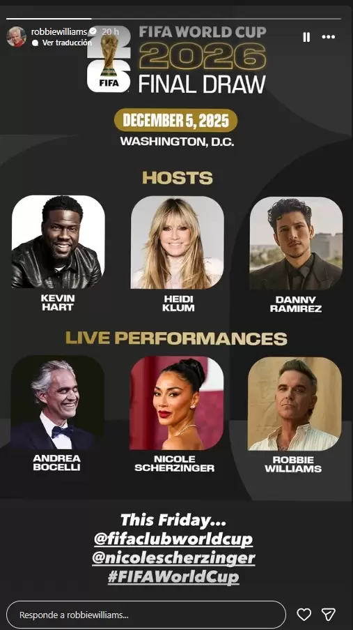 Historia de Robbie Williams sobre el sorteo de la Copa Mundial de la FIFA 2026. (Instagram)