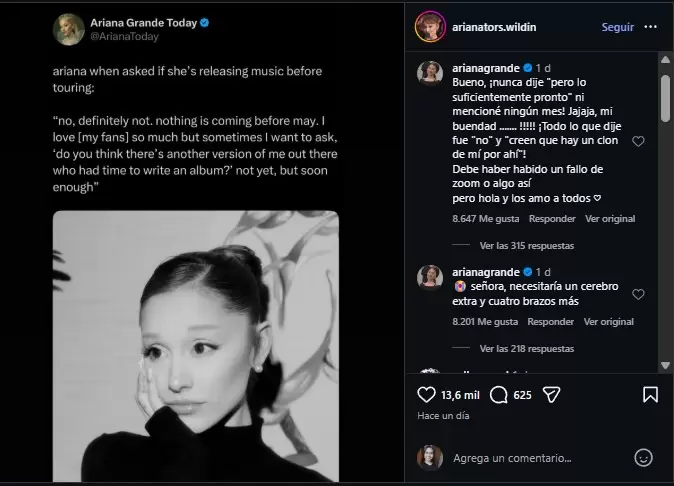 Ariana Grande responde sobre nueva música. (Captura de pantalla)
