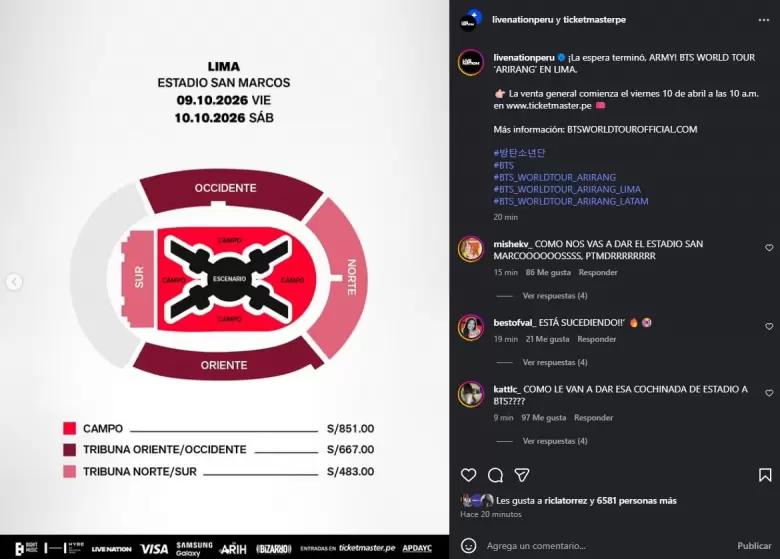 Revelan lugar y precios de entradas de conciertos de BTS. (Captura de pantalla)