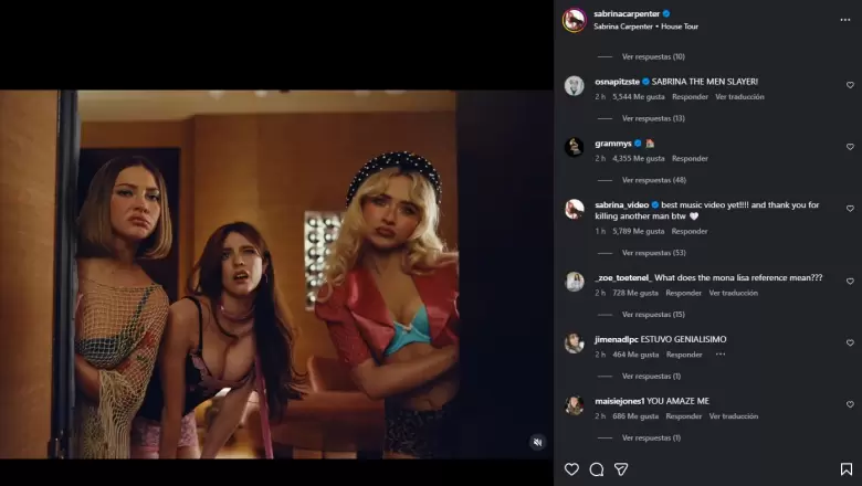Cuenta oficial de los Grammys comenta post de Sabrina Carpenter tras gui�o. (Captura de pantalla)