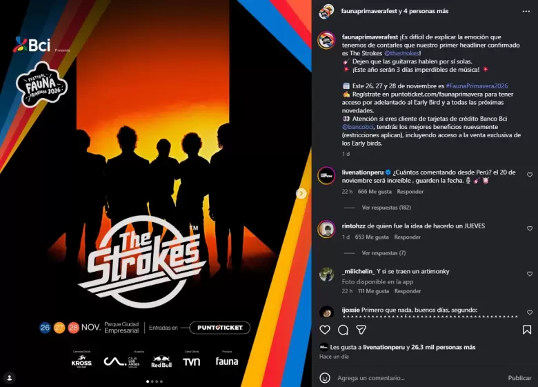 Live Nation Per� comenta publicaci�n de festival de Chile donde estar� The Strokes. (Captura de pantalla)
